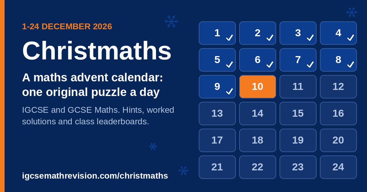 Christmaths maths advent calendar for IGCSE and GCSE Maths: a grid of 24 numbered doors for 1 to 24 December 2026