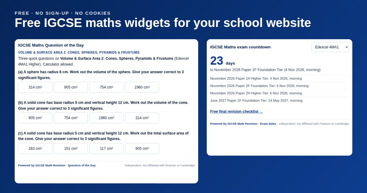 Free IGCSE maths widgets on a school web page: the IGCSE Maths Question of the Day and an exam countdown, each with a credit link