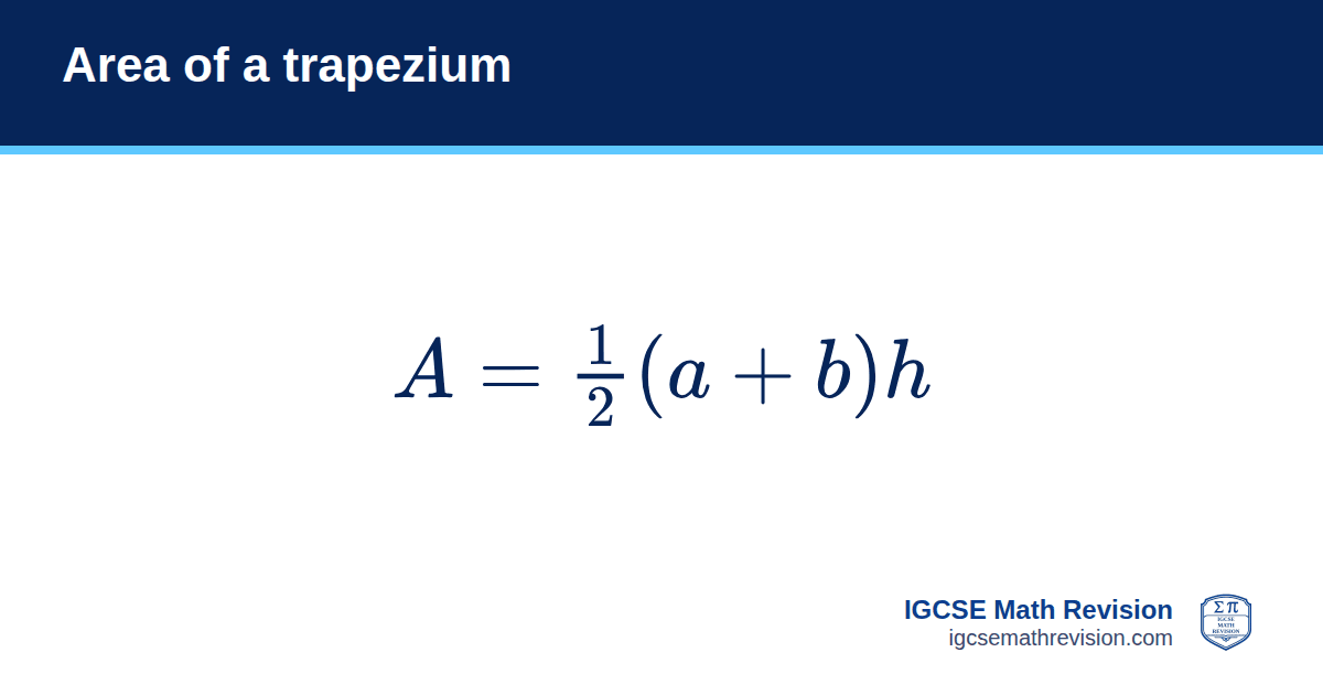 Area of a trapezium formula card: A = ½(a + b)h. IGCSE Math Revision