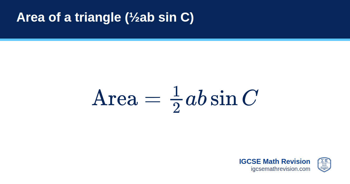 Area of a triangle (½ab sin C) formula card: Area = ½ab sin C. IGCSE Math Revision