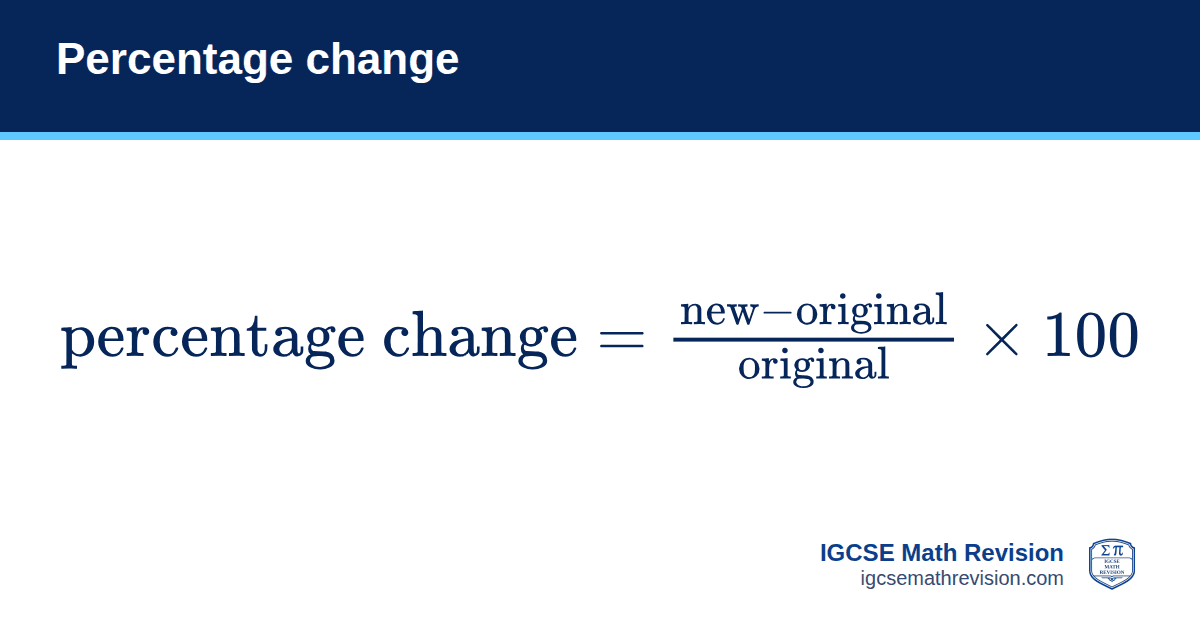 Percentage change formula card: percentage change = (new − original) / original × 100. IGCSE Math Revision