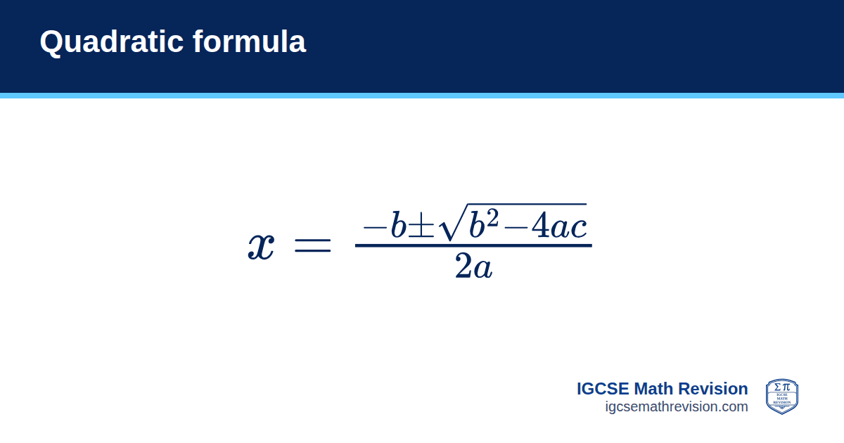 Quadratic formula formula card: x = (−b ± √(b² − 4ac)) / 2a. IGCSE Math Revision
