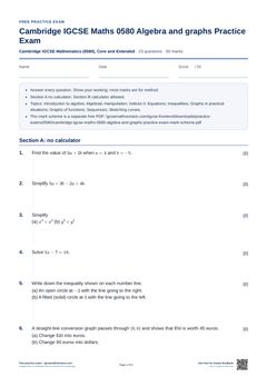 First page of the Cambridge IGCSE Maths 0580 Algebra and graphs Practice Exam PDF