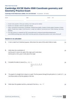 First page of the Cambridge IGCSE Maths 0580 Coordinate geometry and Geometry Practice Exam PDF