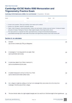 First page of the Cambridge IGCSE Maths 0580 Mensuration and Trigonometry Practice Exam PDF