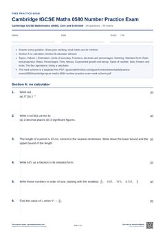 First page of the Cambridge IGCSE Maths 0580 Number Practice Exam PDF