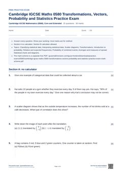 First page of the Cambridge IGCSE Maths 0580 Transformations, Vectors, Probability and Statistics Practice Exam PDF