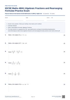 First page of the IGCSE Maths 4MA1 Algebraic Fractions and Rearranging Formulae Practice Exam PDF