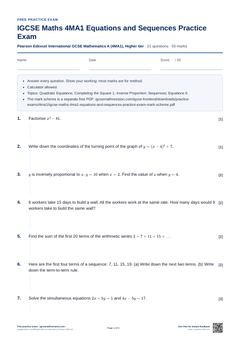 First page of the IGCSE Maths 4MA1 Equations and Sequences Practice Exam PDF
