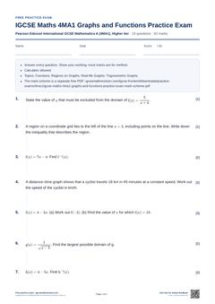 First page of the IGCSE Maths 4MA1 Graphs and Functions Practice Exam PDF