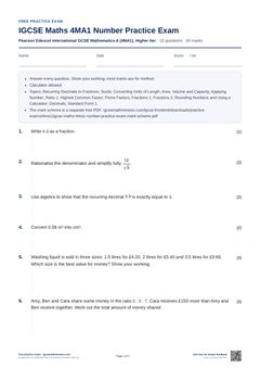 First page of the IGCSE Maths 4MA1 Number Practice Exam PDF