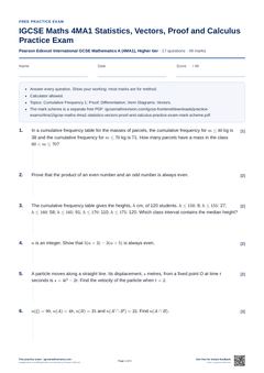 First page of the IGCSE Maths 4MA1 Statistics, Vectors, Proof and Calculus Practice Exam PDF