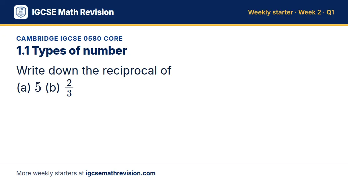 Cambridge IGCSE 0580 Core starter question on 1.1 Types of number: Write down the reciprocal of (a) 5 (b) 2/3