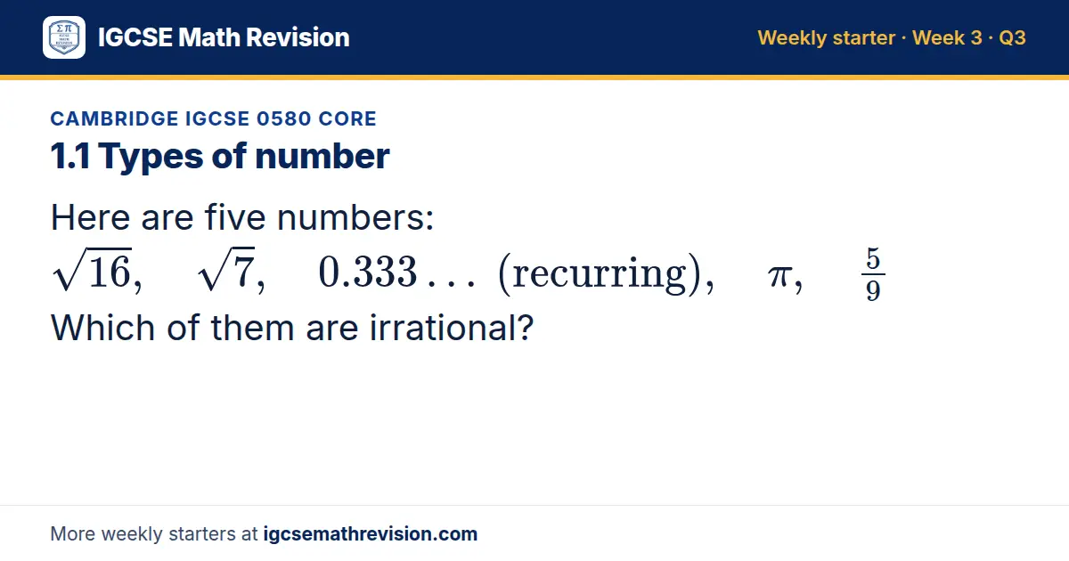 Cambridge IGCSE 0580 Core starter question on 1.1 Types of number: Here are five numbers: √16, √7, 0.333… (recurring), π, 5/9 Which of them are irrational?