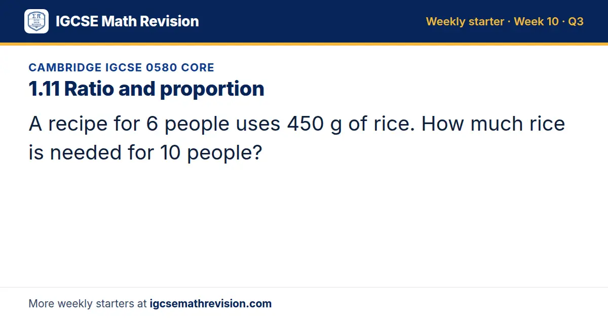 Cambridge IGCSE 0580 Core starter question on 1.11 Ratio and proportion: A recipe for 6 people uses 450 g of rice. How much rice is needed for 10 people?