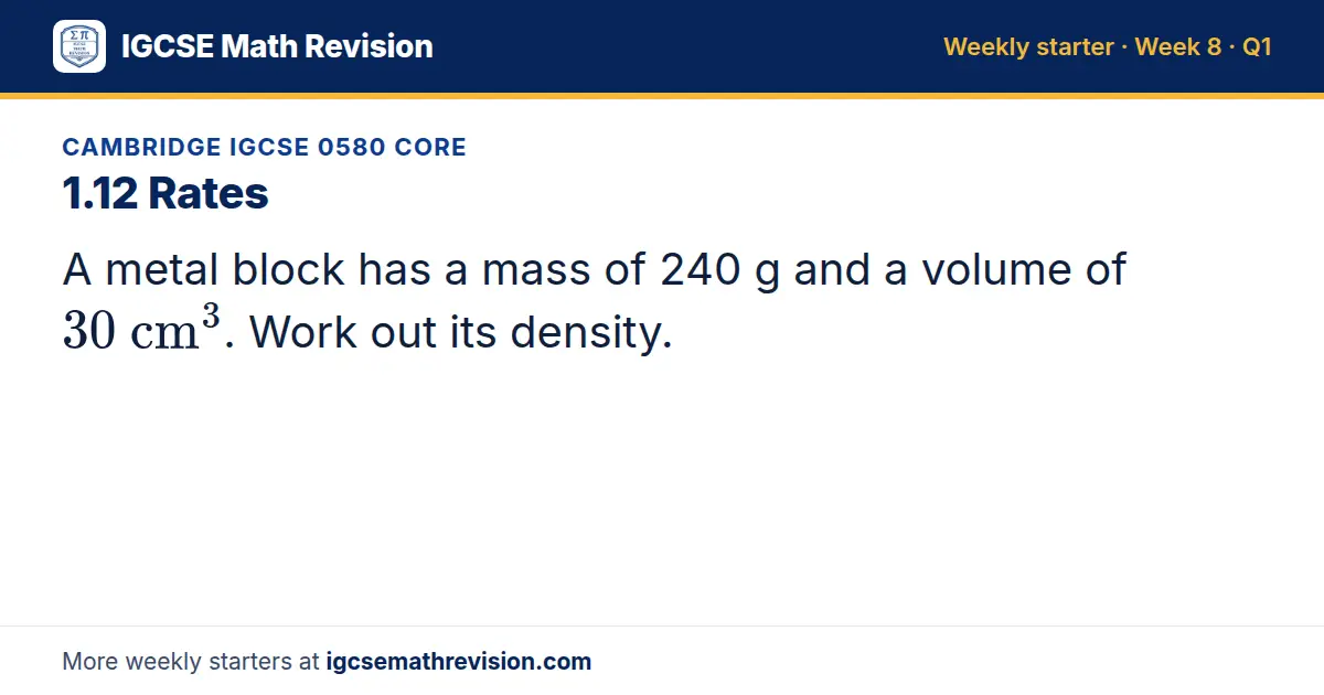 Cambridge IGCSE 0580 Core starter question on 1.12 Rates: A metal block has a mass of 240 g and a volume of 30 cm^3. Work out its density.
