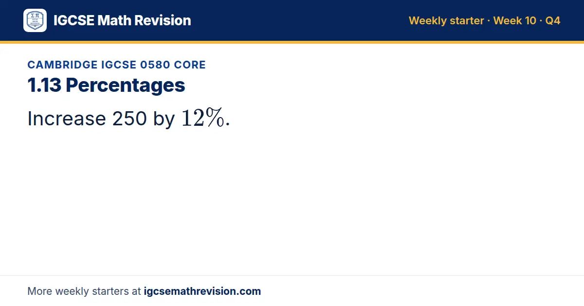 Cambridge IGCSE 0580 Core starter question on 1.13 Percentages: Increase 250 by 12%.