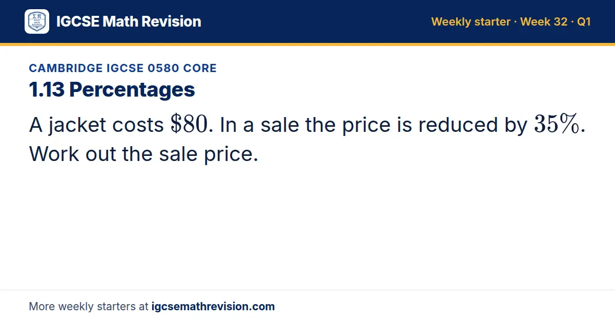 Cambridge IGCSE 0580 Core starter question on 1.13 Percentages: A jacket costs $80. In a sale the price is reduced by 35%. Work out the sale price.