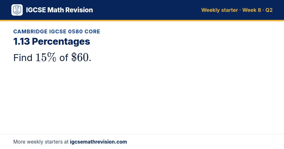 Cambridge IGCSE 0580 Core starter question on 1.13 Percentages: Find 15% of $60.