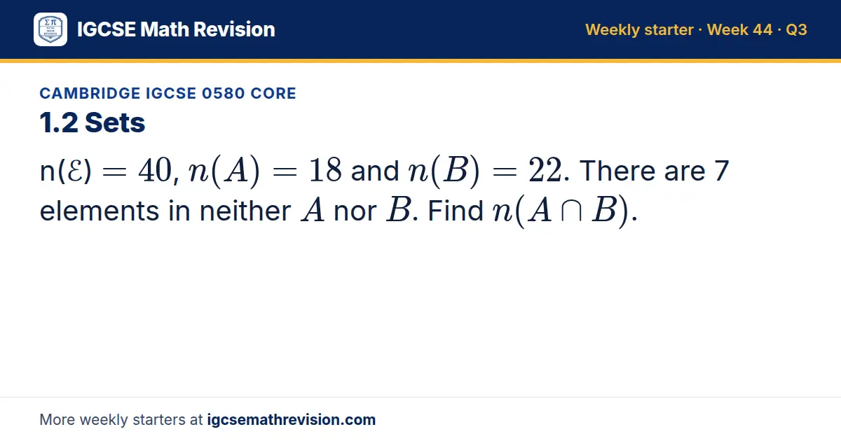Cambridge IGCSE 0580 Core starter question on 1.2 Sets: n(ℰ) = 40, n(A) = 18 and n(B) = 22. There are 7 elements in neither A nor B. Find n(A ∩ B).
