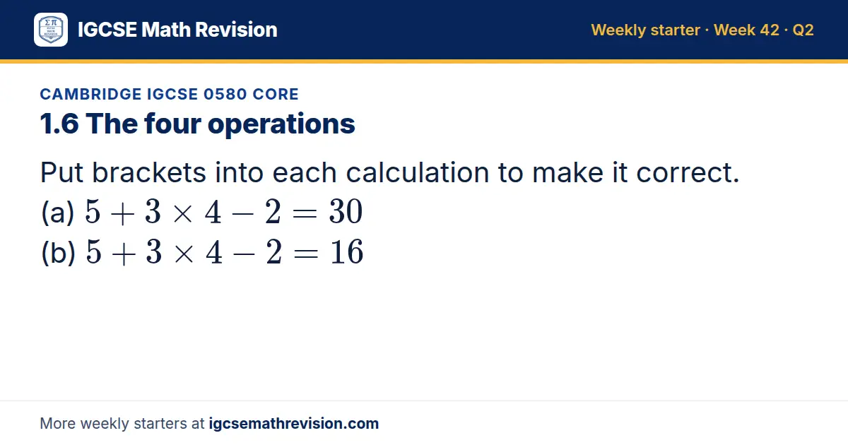 Cambridge IGCSE 0580 Core starter question on 1.6 The four operations: Put brackets into each calculation to make it correct. (a) 5 + 3 × 4 - 2 = 30 (b) 5 + 3 × 4 - 2 = 16