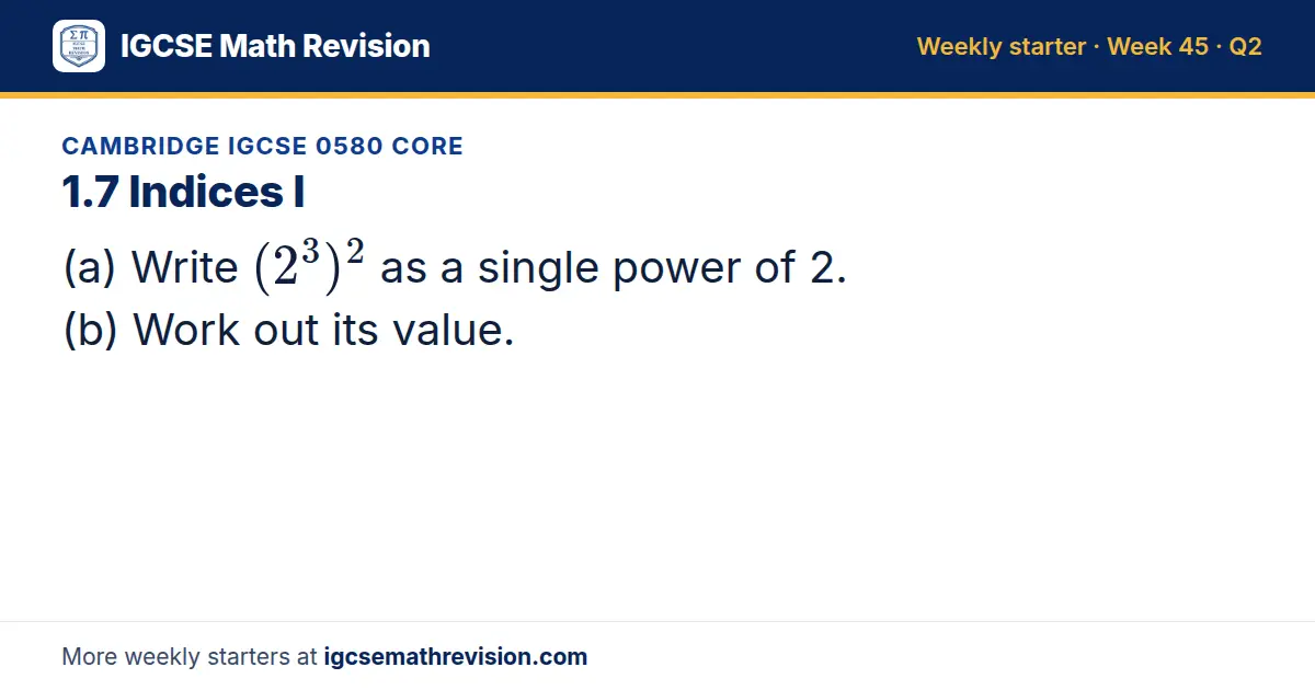 Cambridge IGCSE 0580 Core starter question on 1.7 Indices I: (a) Write (2³)² as a single power of 2. (b) Work out its value.