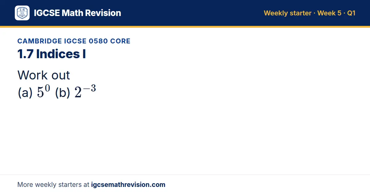 Cambridge IGCSE 0580 Core starter question on 1.7 Indices I: Work out (a) 5⁰ (b) 2⁻³