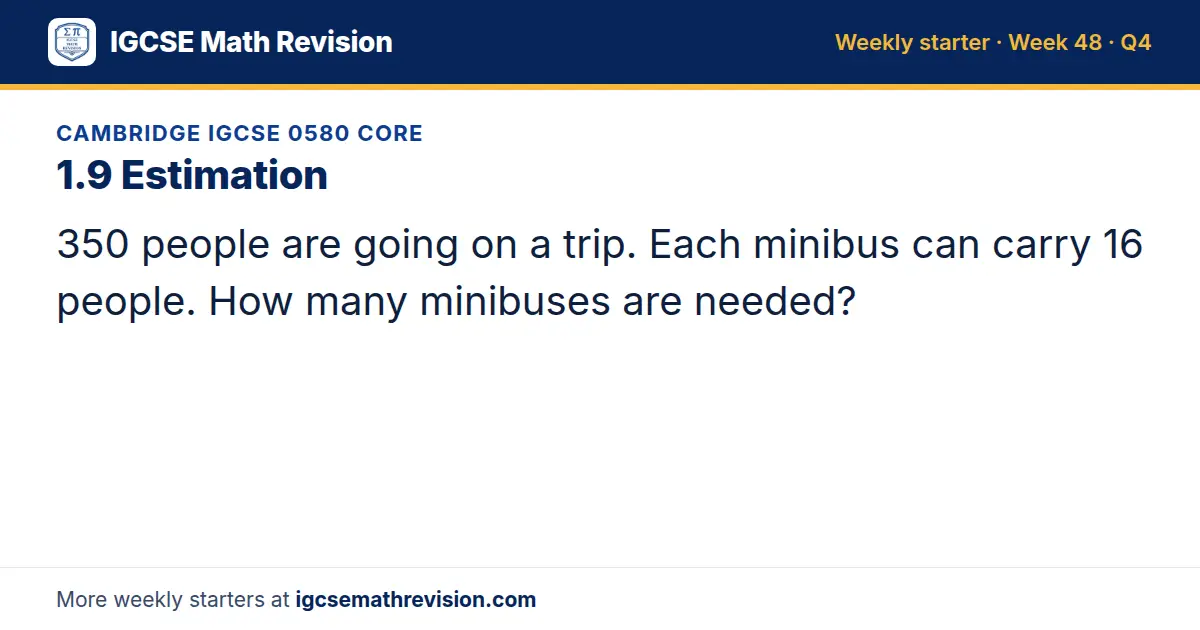 Cambridge IGCSE 0580 Core starter question on 1.9 Estimation: 350 people are going on a trip. Each minibus can carry 16 people. How many minibuses are needed?