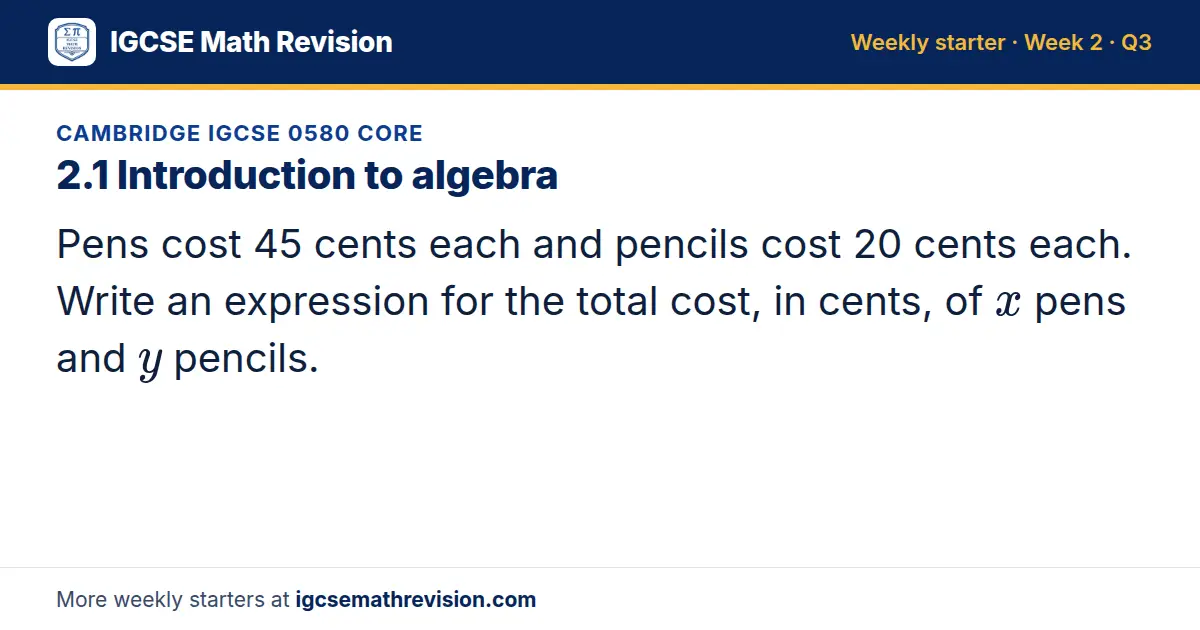 Cambridge IGCSE 0580 Core starter question on 2.1 Introduction to algebra: Pens cost 45 cents each and pencils cost 20 cents each. Write an expression for the total cost, in cents, of x pens and y pencils.