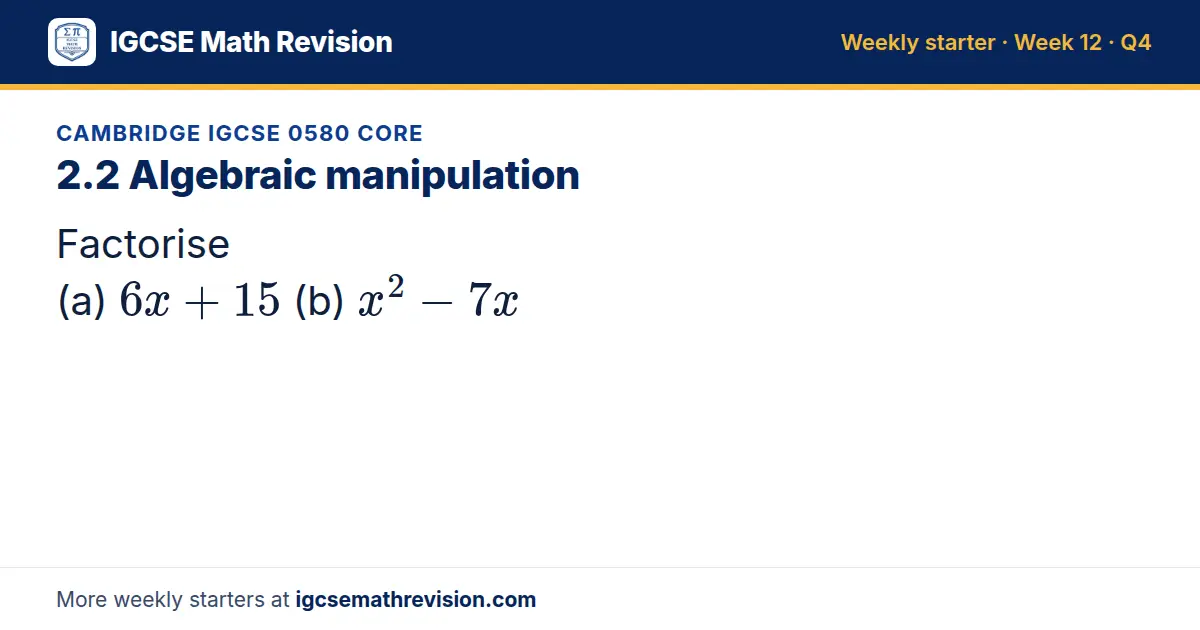 Cambridge IGCSE 0580 Core starter question on 2.2 Algebraic manipulation: Factorise (a) 6x + 15 (b) x² - 7x