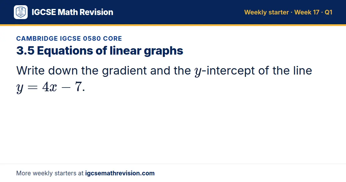 Cambridge IGCSE 0580 Core starter question on 3.5 Equations of linear graphs: Write down the gradient and the y-intercept of the line y = 4x - 7.