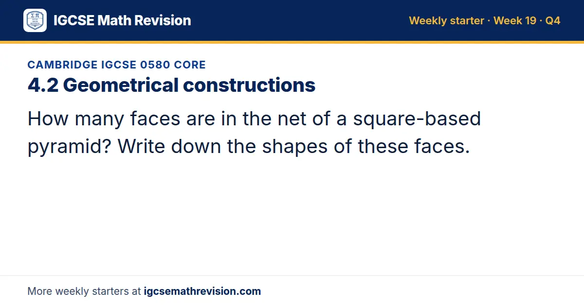 Cambridge IGCSE 0580 Core starter question on 4.2 Geometrical constructions: How many faces are in the net of a square-based pyramid? Write down the shapes of these faces.