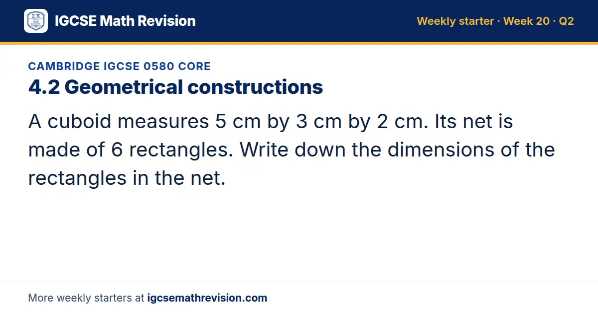 Cambridge IGCSE 0580 Core starter question on 4.2 Geometrical constructions: A cuboid measures 5 cm by 3 cm by 2 cm. Its net is made of 6 rectangles. Write down the dimensions of the rectangles in the net.