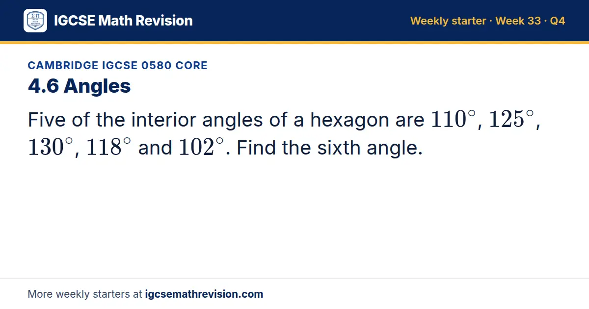 Cambridge IGCSE 0580 Core starter question on 4.6 Angles: Five of the interior angles of a hexagon are 110^∘, 125^∘, 130^∘, 118^∘ and 102^∘. Find the sixth angle.