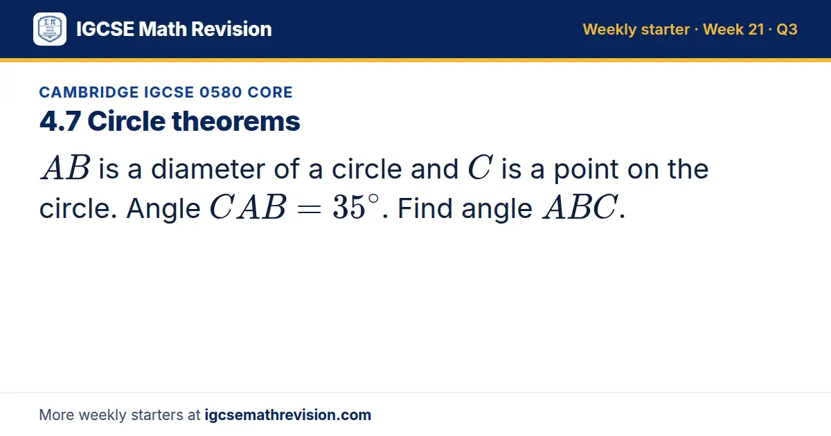 Cambridge IGCSE 0580 Core starter question on 4.7 Circle theorems: AB is a diameter of a circle and C is a point on the circle. Angle CAB = 35^∘. Find angle ABC.