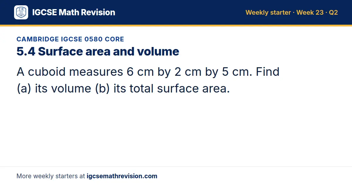 Cambridge IGCSE 0580 Core starter question on 5.4 Surface area and volume: A cuboid measures 6 cm by 2 cm by 5 cm. Find (a) its volume (b) its total surface area.