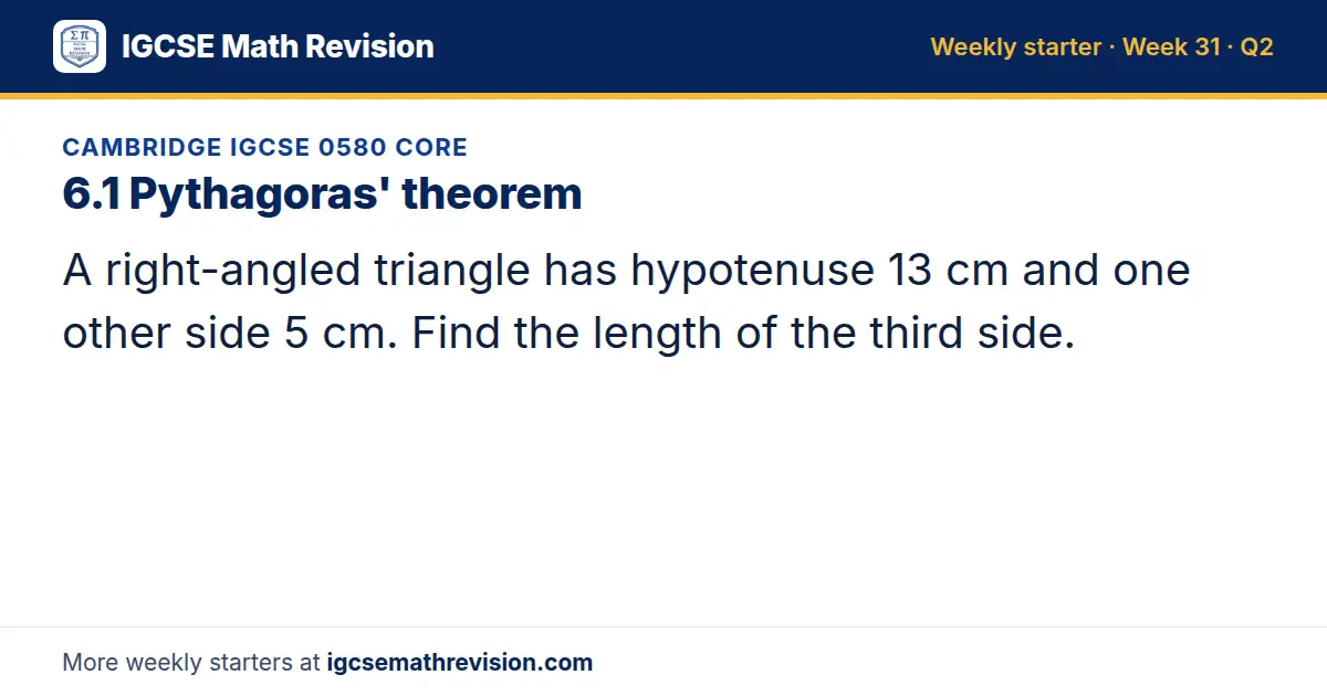 Cambridge IGCSE 0580 Core starter question on 6.1 Pythagoras' theorem: A right-angled triangle has hypotenuse 13 cm and one other side 5 cm. Find the length of the third side.