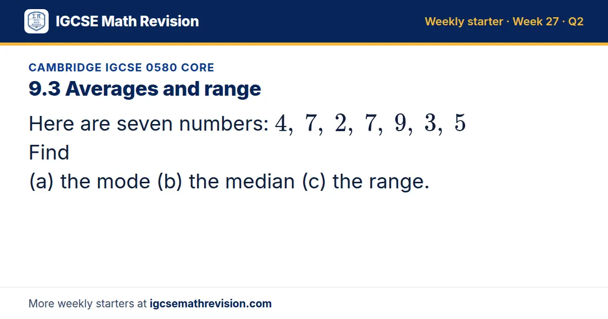 Cambridge IGCSE 0580 Core starter question on 9.3 Averages and range: Here are seven numbers: 4, 7, 2, 7, 9, 3, 5 Find (a) the mode (b) the median (c) the range.