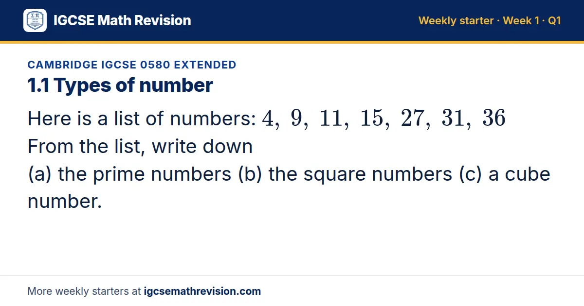 Cambridge IGCSE 0580 Extended starter question on 1.1 Types of number: Here is a list of numbers: 4, 9, 11, 15, 27, 31, 36 From the list, write down (a) the prime numbers (b) the square numbers (c) a cube number.