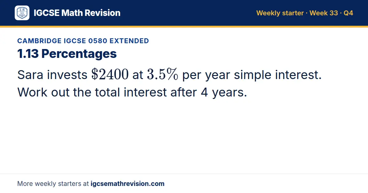 Cambridge IGCSE 0580 Extended starter question on 1.13 Percentages: Sara invests $2400 at 3.5% per year simple interest. Work out the total interest after 4 years.