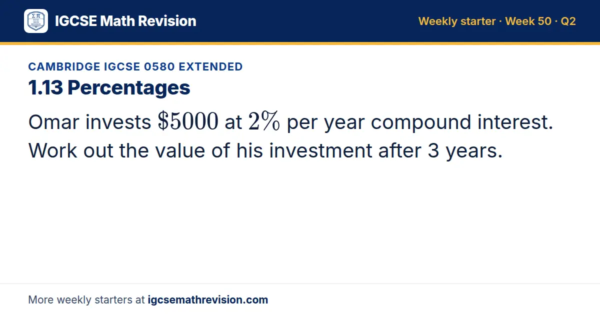 Cambridge IGCSE 0580 Extended starter question on 1.13 Percentages: Omar invests $5000 at 2% per year compound interest. Work out the value of his investment after 3 years.