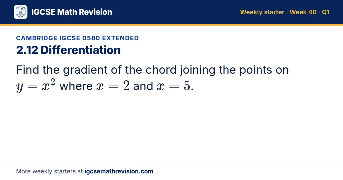Cambridge IGCSE 0580 Extended starter question on 2.12 Differentiation: Find the gradient of the chord joining the points on y = x² where x = 2 and x = 5.