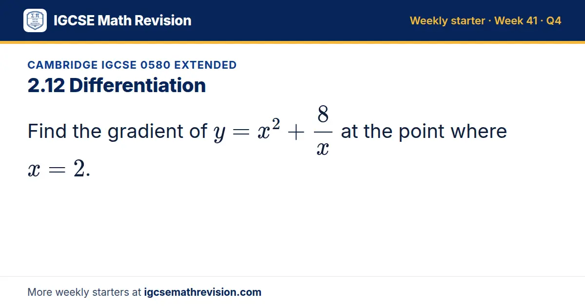 Cambridge IGCSE 0580 Extended starter question on 2.12 Differentiation: Find the gradient of y = x² + 8/x at the point where x = 2.