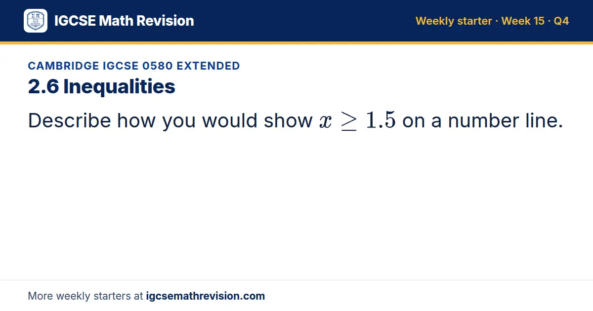 Cambridge IGCSE 0580 Extended starter question on 2.6 Inequalities: Describe how you would show x ≥ 1.5 on a number line.