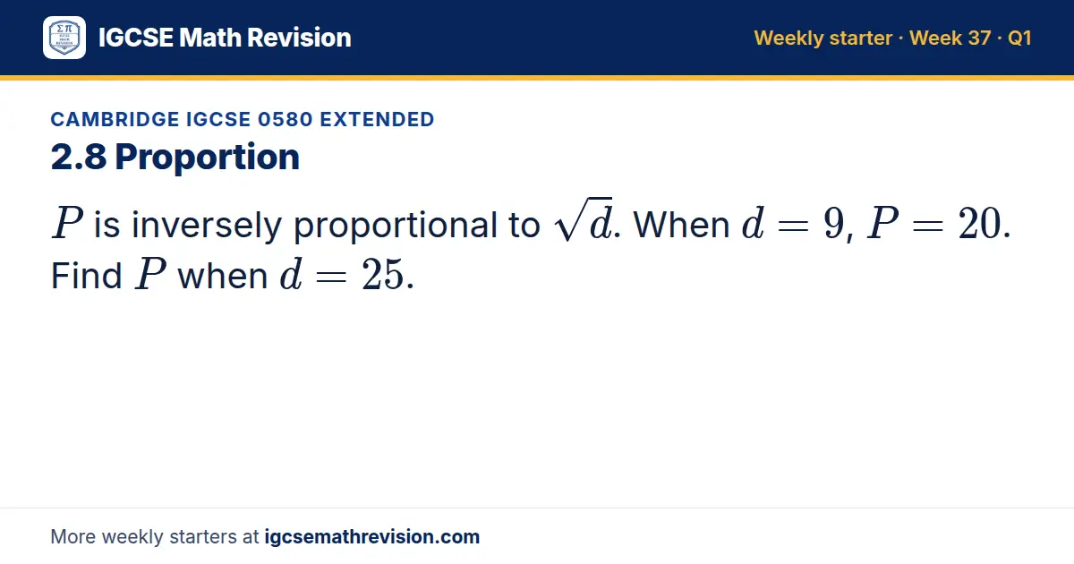 Cambridge IGCSE 0580 Extended starter question on 2.8 Proportion: P is inversely proportional to √d. When d = 9, P = 20. Find P when d = 25.