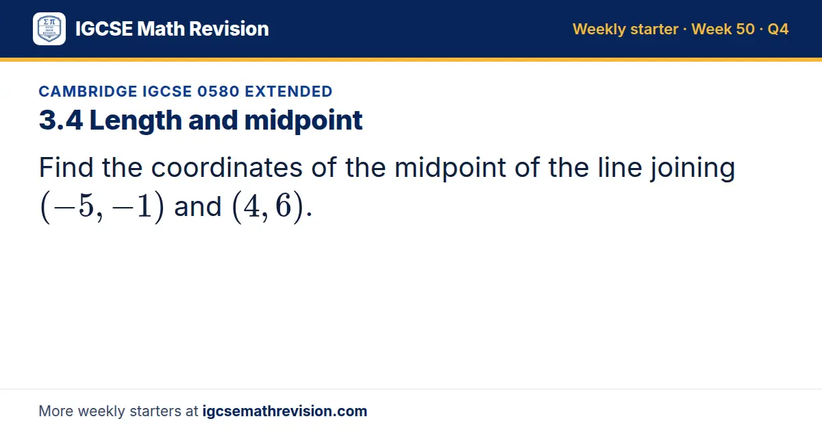 Cambridge IGCSE 0580 Extended starter question on 3.4 Length and midpoint: Find the coordinates of the midpoint of the line joining (-5, -1) and (4, 6).