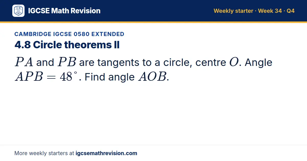 Cambridge IGCSE 0580 Extended starter question on 4.8 Circle theorems II: PA and PB are tangents to a circle, centre O. Angle APB = 48°. Find angle AOB.