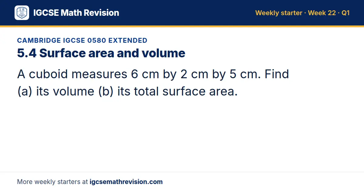 Cambridge IGCSE 0580 Extended starter question on 5.4 Surface area and volume: A cuboid measures 6 cm by 2 cm by 5 cm. Find (a) its volume (b) its total surface area.