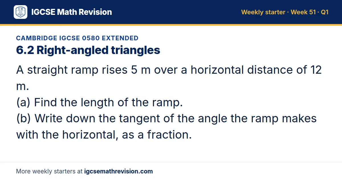 Cambridge IGCSE 0580 Extended starter question on 6.2 Right-angled triangles: A straight ramp rises 5 m over a horizontal distance of 12 m. (a) Find the length of the ramp. (b) Write down the tangent of the angle the ramp makes with the horizontal…