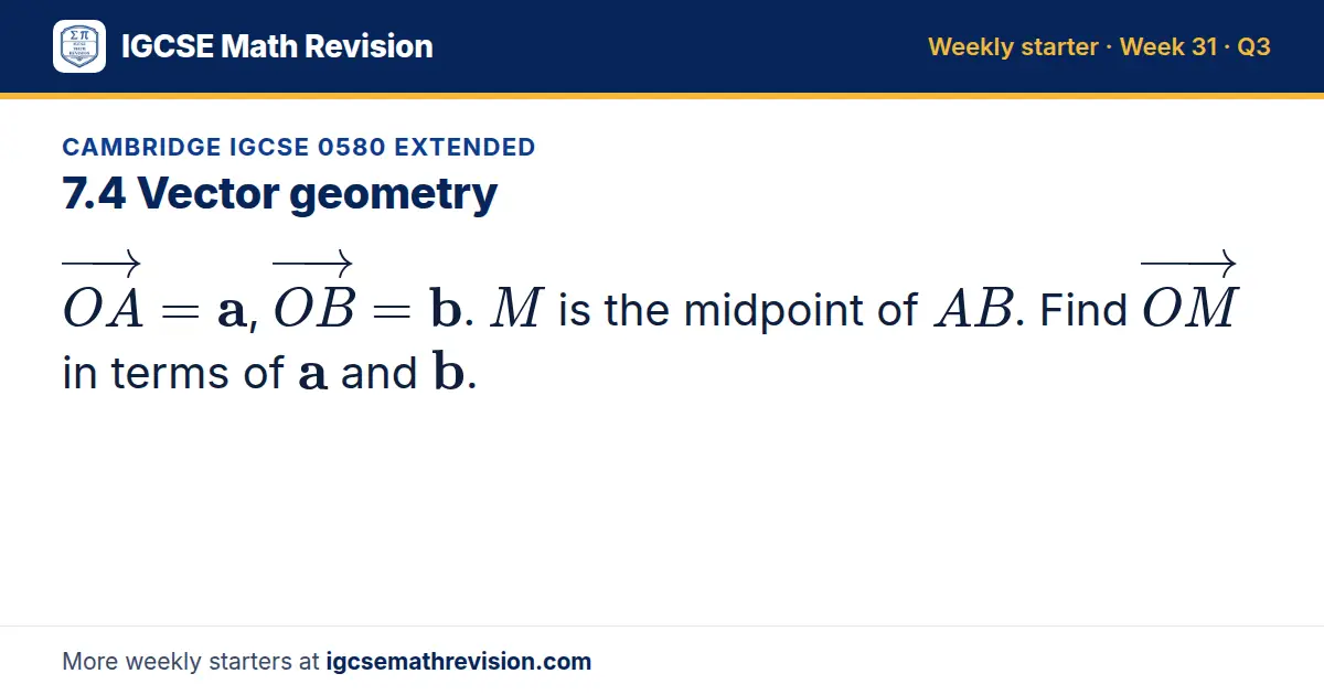 Cambridge IGCSE 0580 Extended starter question on 7.4 Vector geometry: OA = a, OB = b. M is the midpoint of AB. Find OM in terms of a and b.